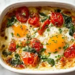white ceramic dish with baked eggs, tomatoes, spinach, and fresh herbs