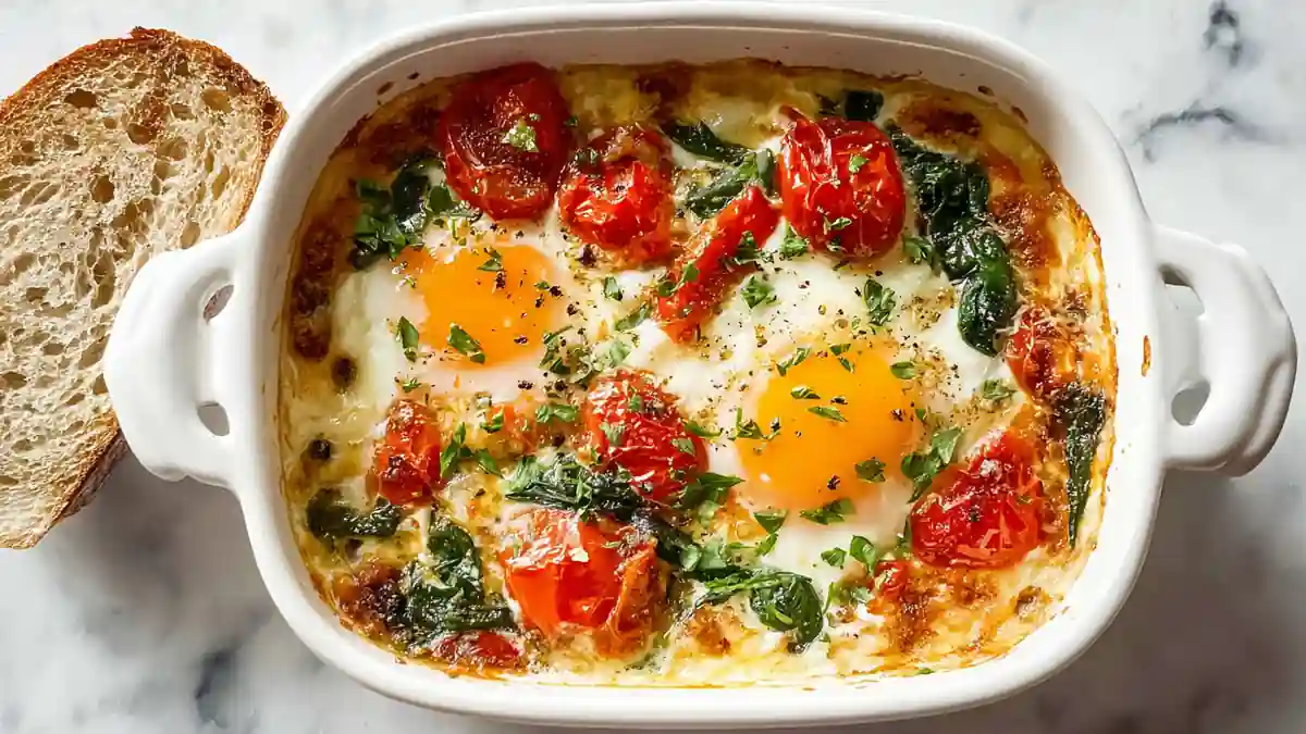 white ceramic dish with baked eggs, tomatoes, spinach, and fresh herbs