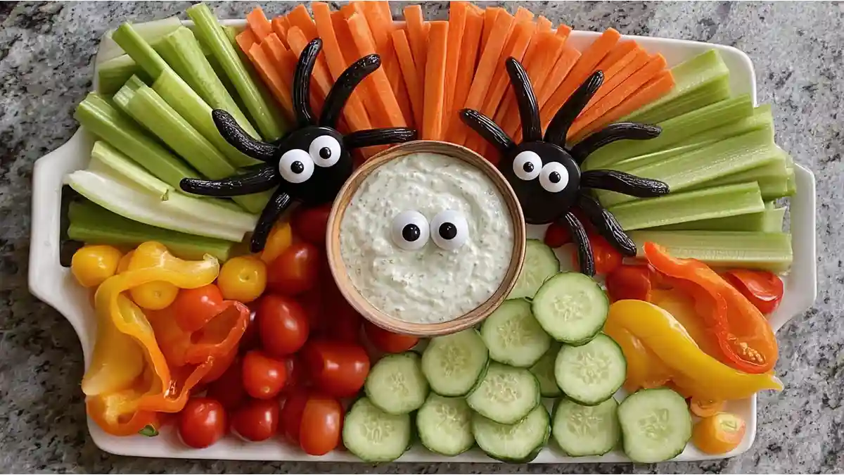 halloween veggie tray with cucumber, carrots, celery, peppers and spider-themed dip bowl