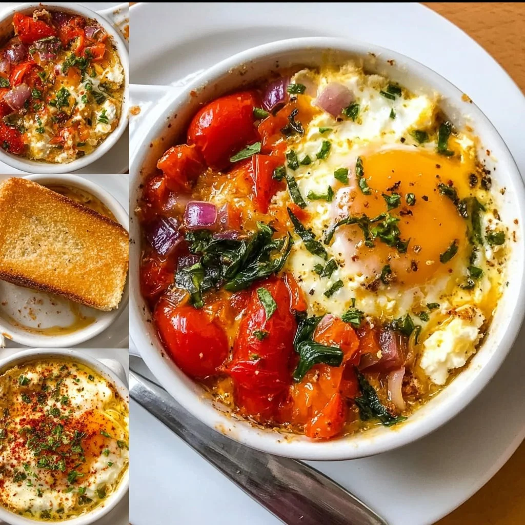 Delicious baked feta eggs served with herbs and a drizzle of olive oil.