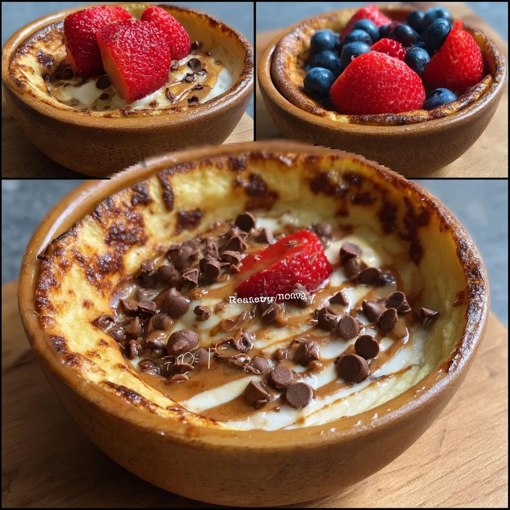 Delicious baked protein pancake bowls topped with fresh fruits and nuts