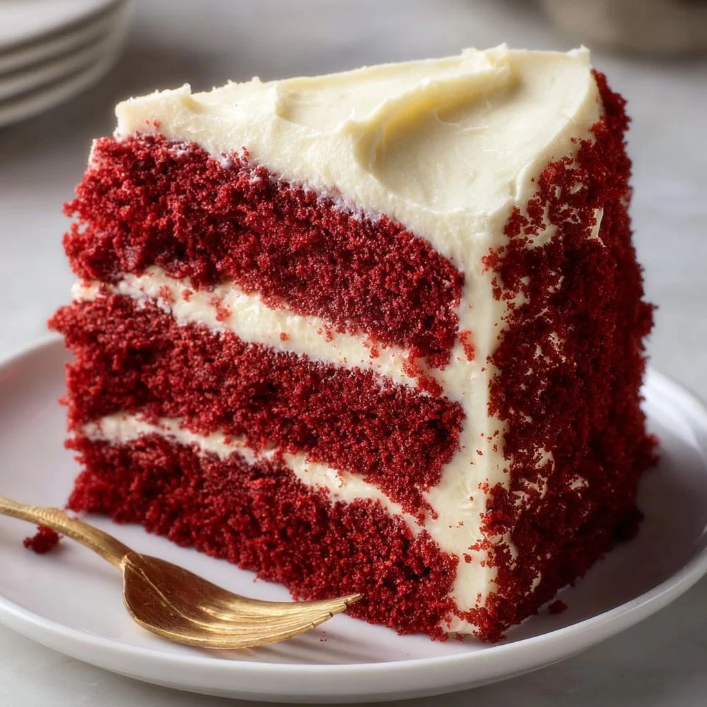 Slice of moist red velvet cake with cream cheese frosting on a plate
