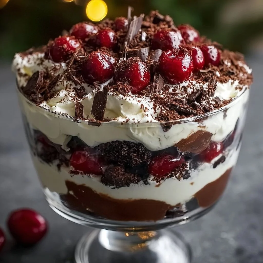 Delicious Black Forest Trifle dessert for festive Christmas table setting.