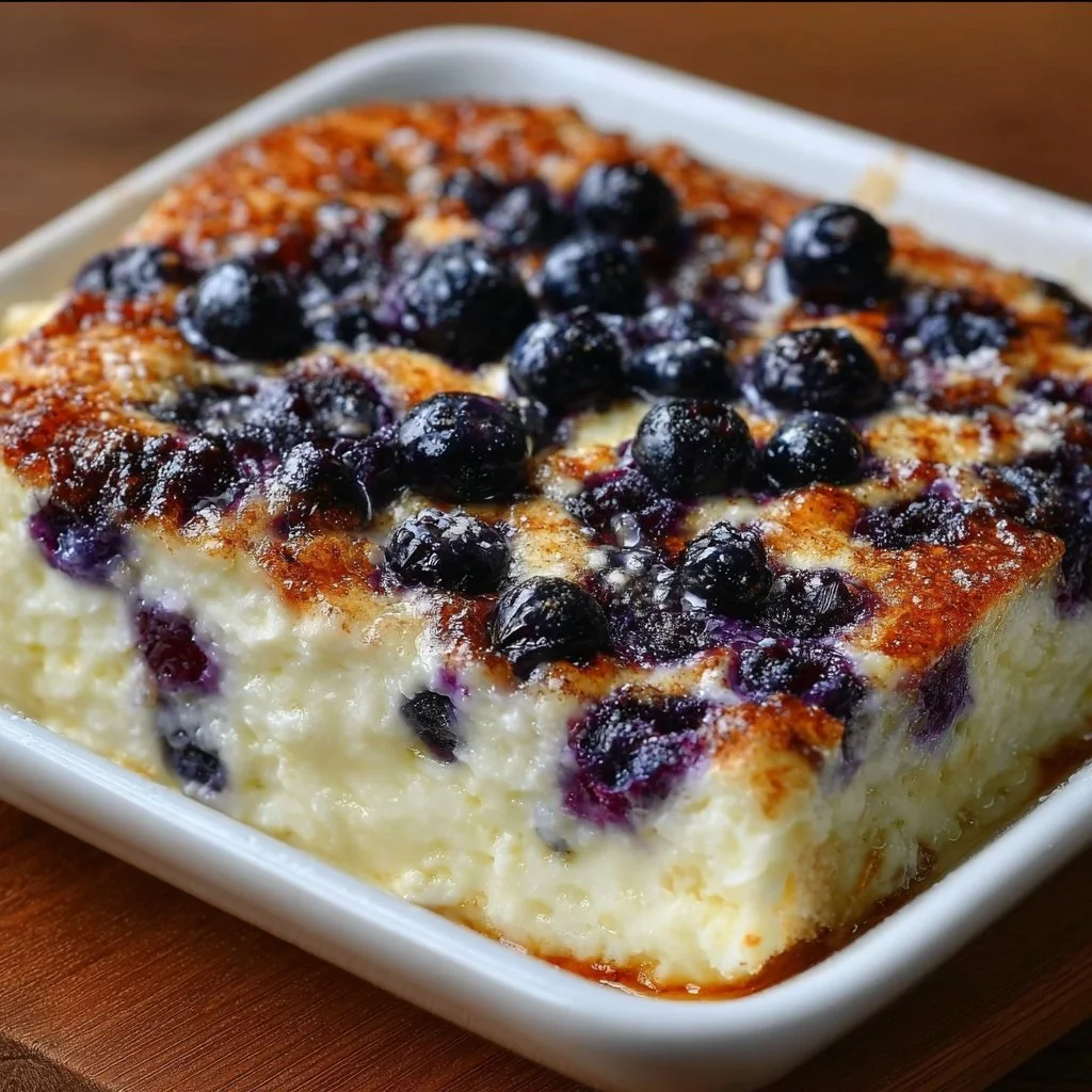 Blueberry cottage cheese breakfast bake in a baking dish