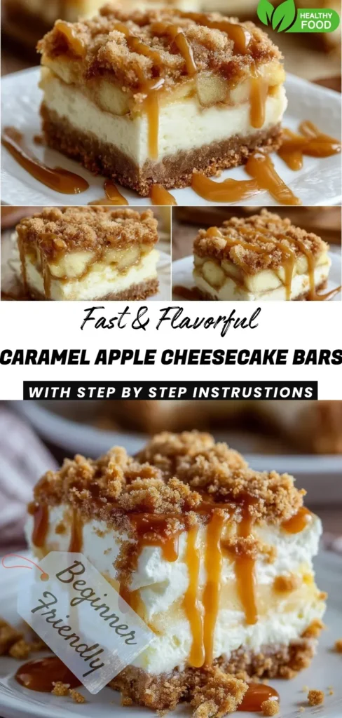Caramel apple cheesecake bars topped with drizzled caramel sauce.