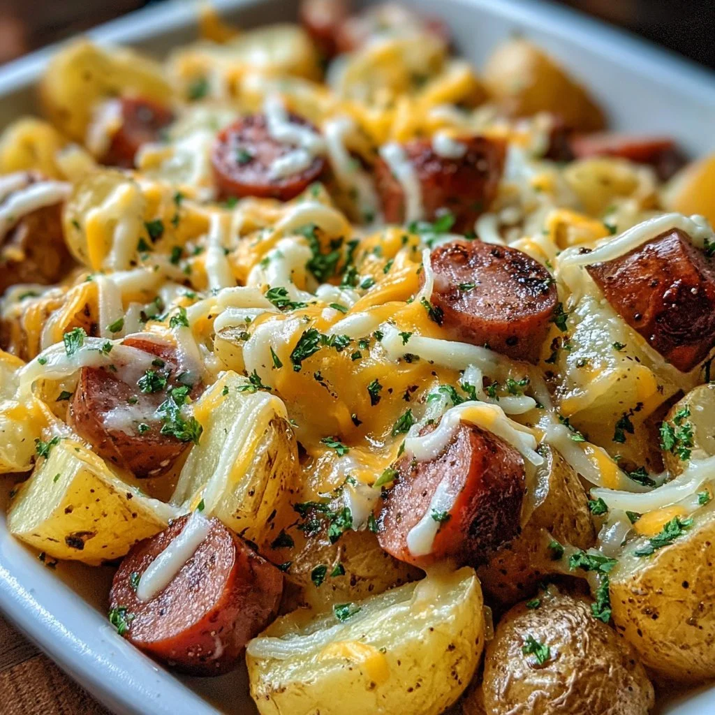 Cheesy ranch potatoes with smoked sausage served on a plate