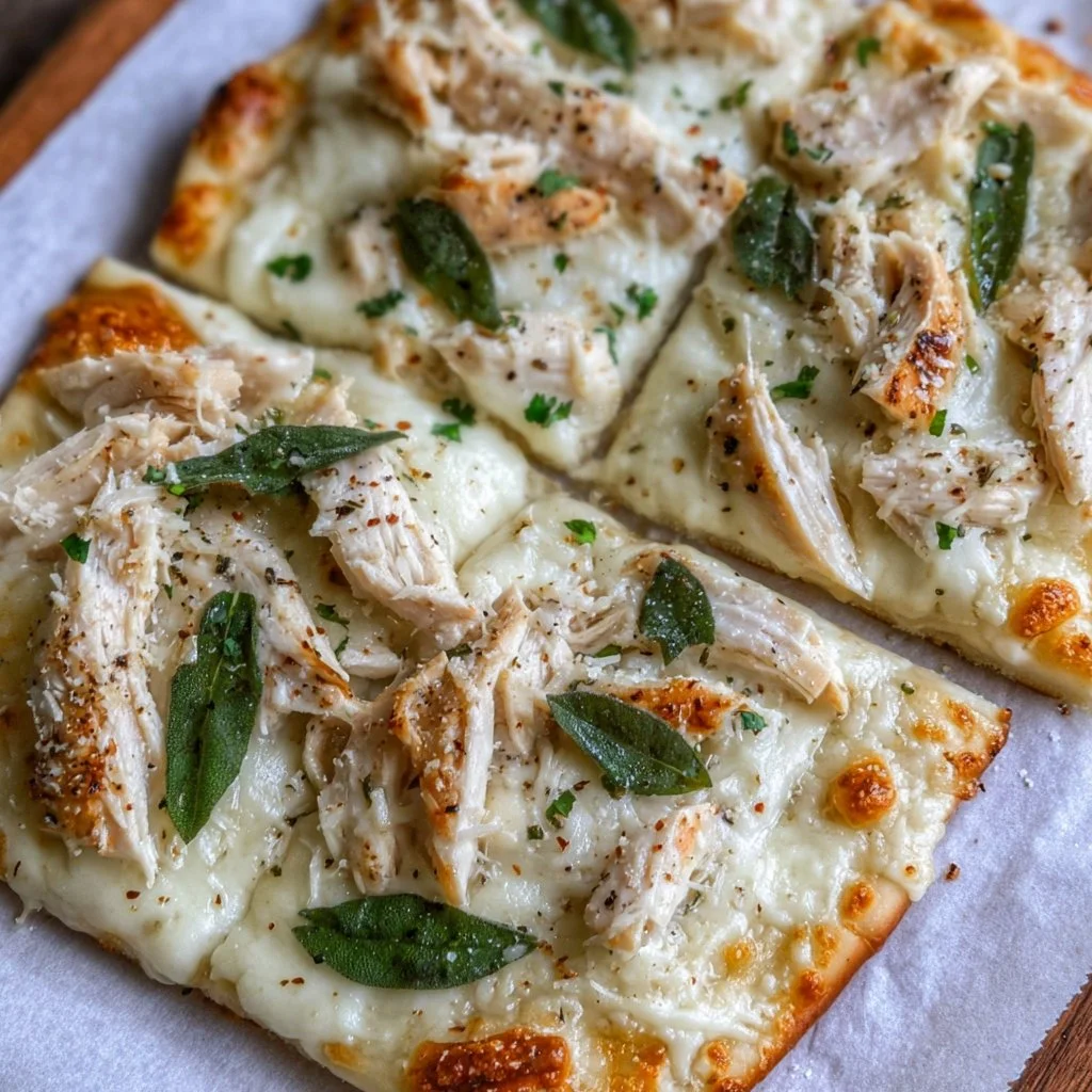 Delicious Chicken Alfredo Flatbread topped with creamy sauce and grilled chicken