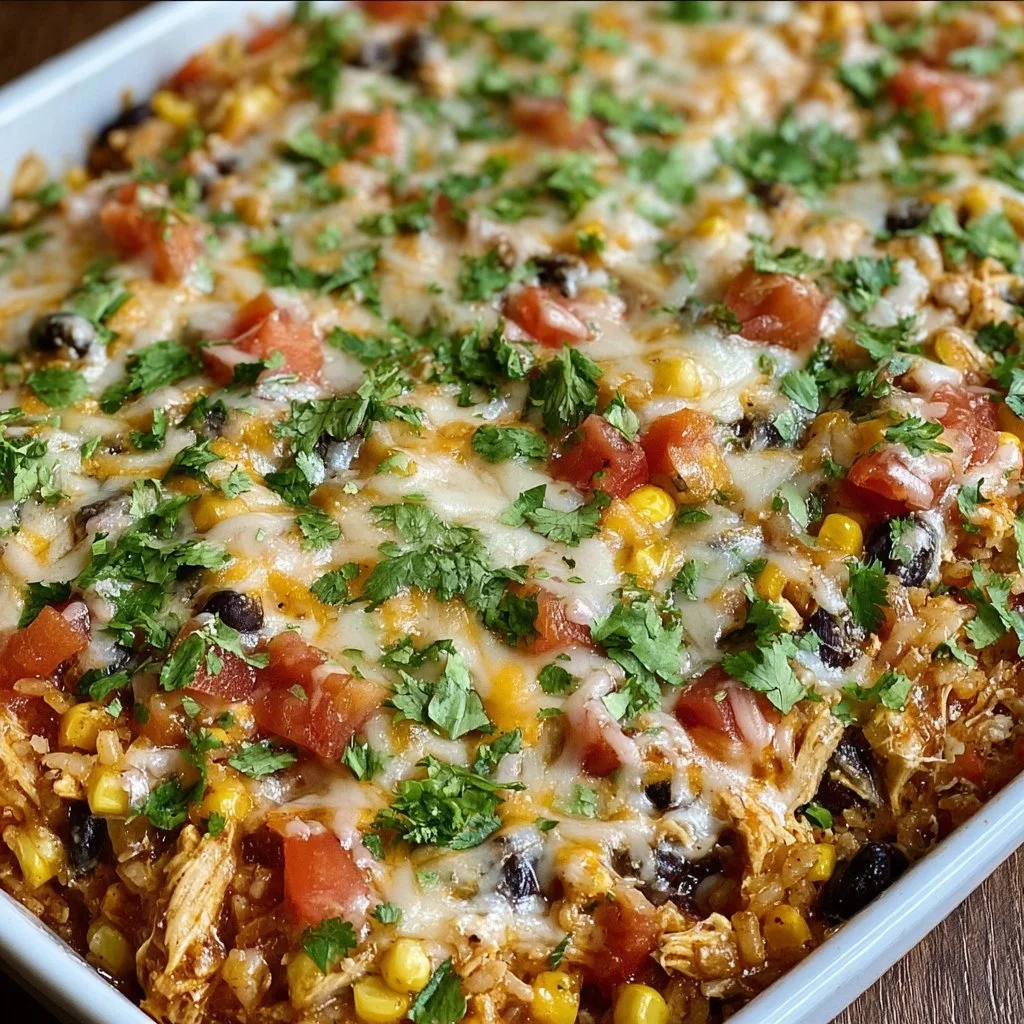 Delicious chicken burrito casserole topped with cheese and fresh ingredients.