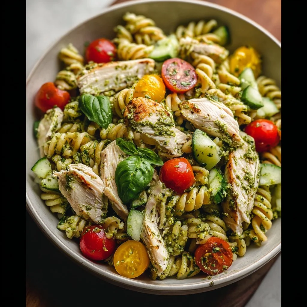 Delicious Chicken Pesto Pasta Salad with fresh ingredients and vibrant colors