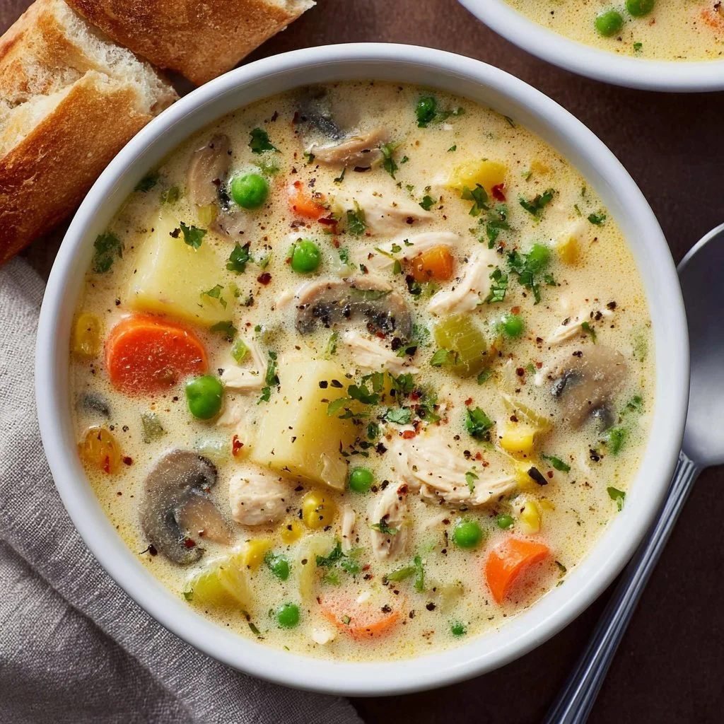 Delicious Chicken Pot Pie Soup with vegetables and flaky crust