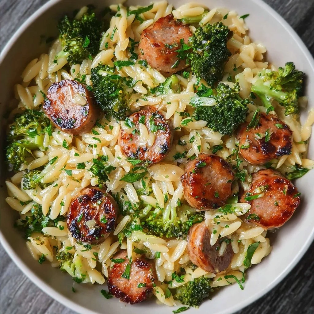 Cozy Chicken Sausage and Broccoli Orzo dish with vibrant ingredients