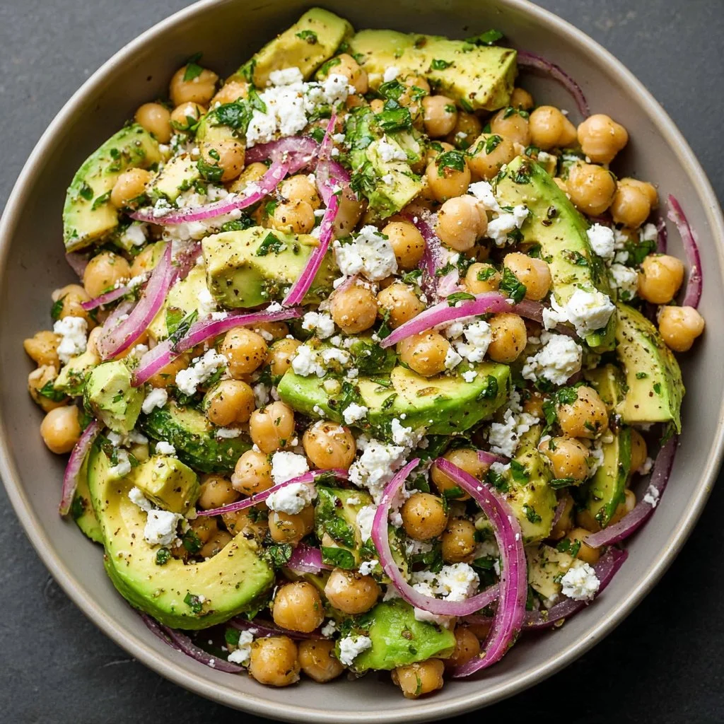 Cozy chickpea feta avocado salad in a bowl, healthy and colorful dish