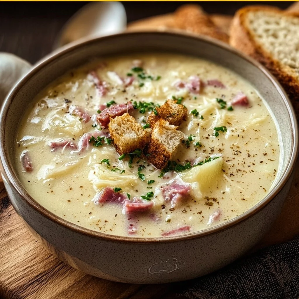 Bowl of creamy Reuben soup garnished with herbs and served with rye bread