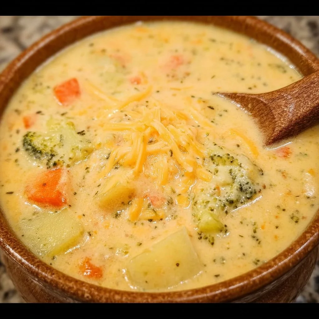Bowl of creamy vegetable soup with colorful fresh vegetables