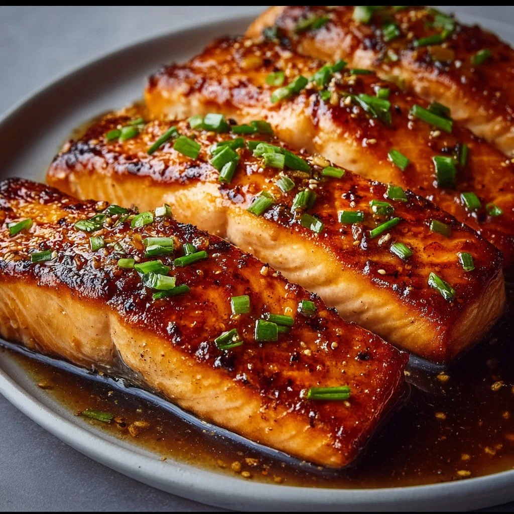 Crispy honey garlic glazed salmon plated with fresh herbs and lemon.