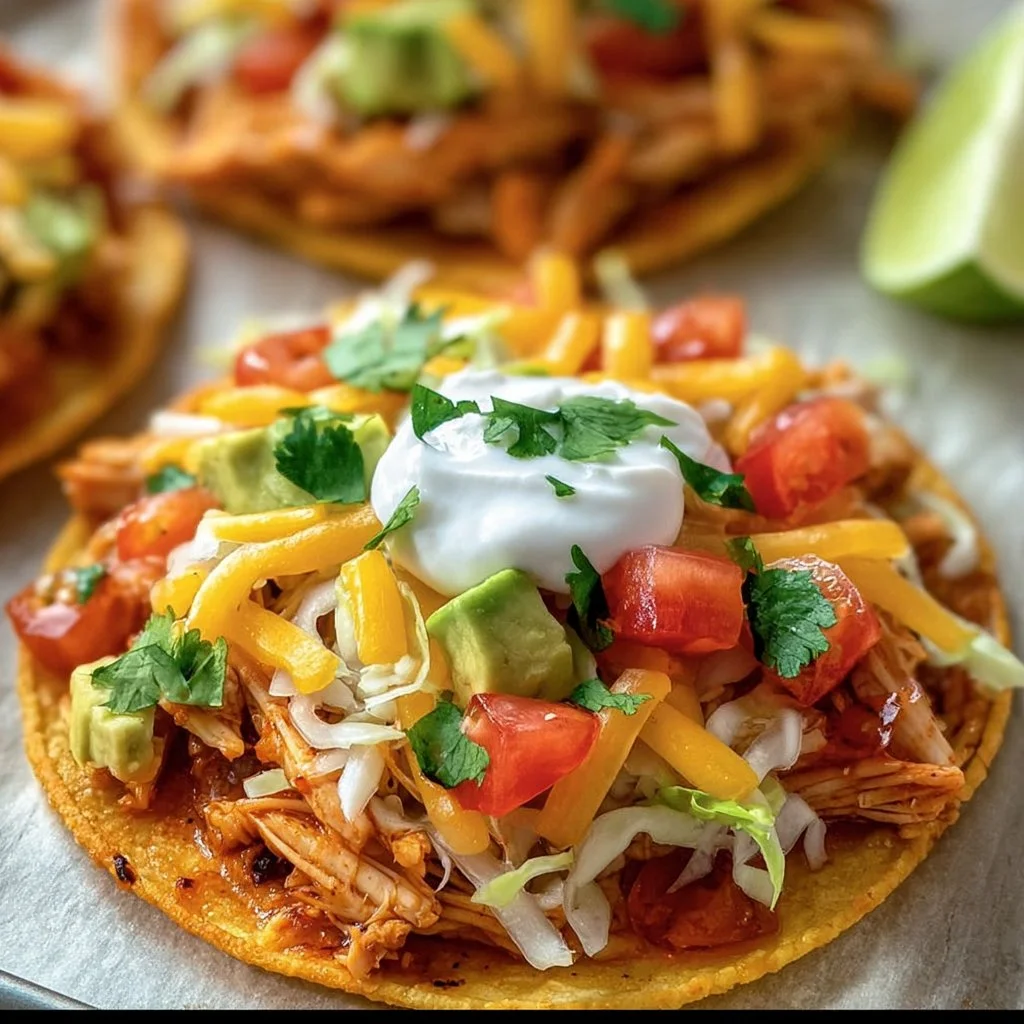 Crispy tostadas topped with rotisserie chicken and fresh toppings.