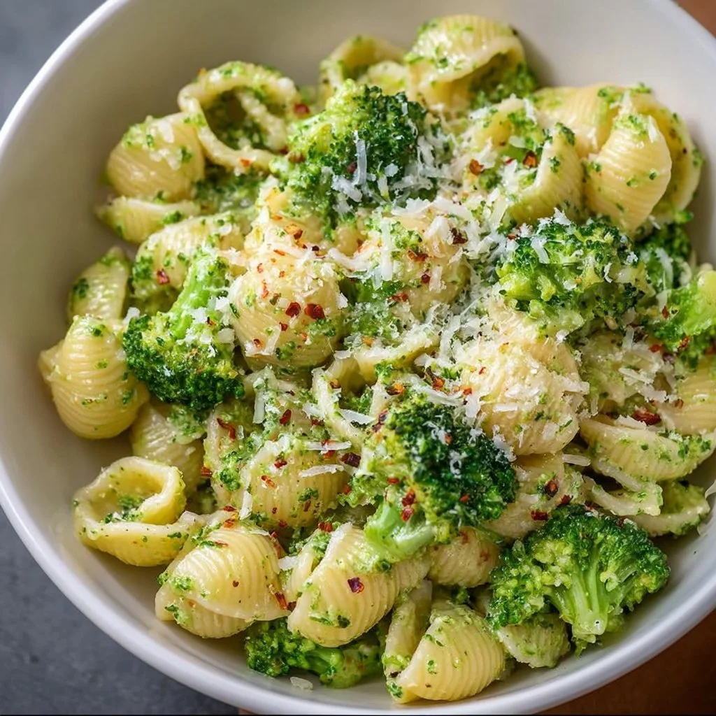 Plate of easy healthy broccoli pasta with fresh herbs and a sprinkle of cheese
