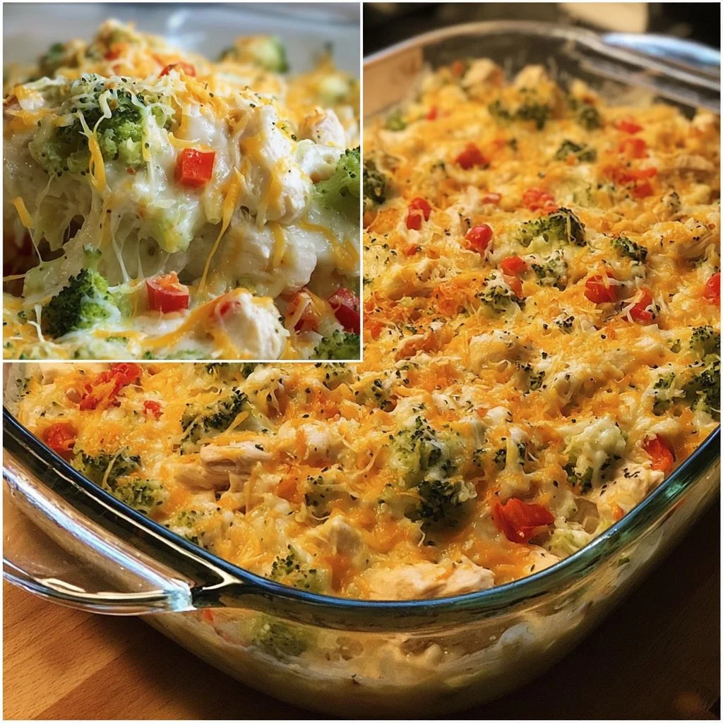 Delicious low carb chicken casserole topped with melted cheese and herbs