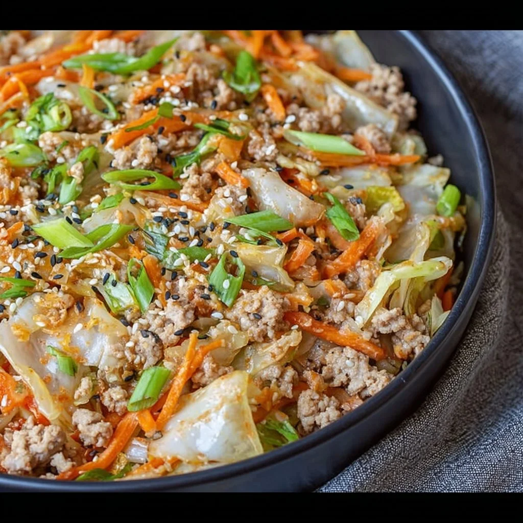 Delicious egg roll in a bowl topped with vegetables and savory sauce