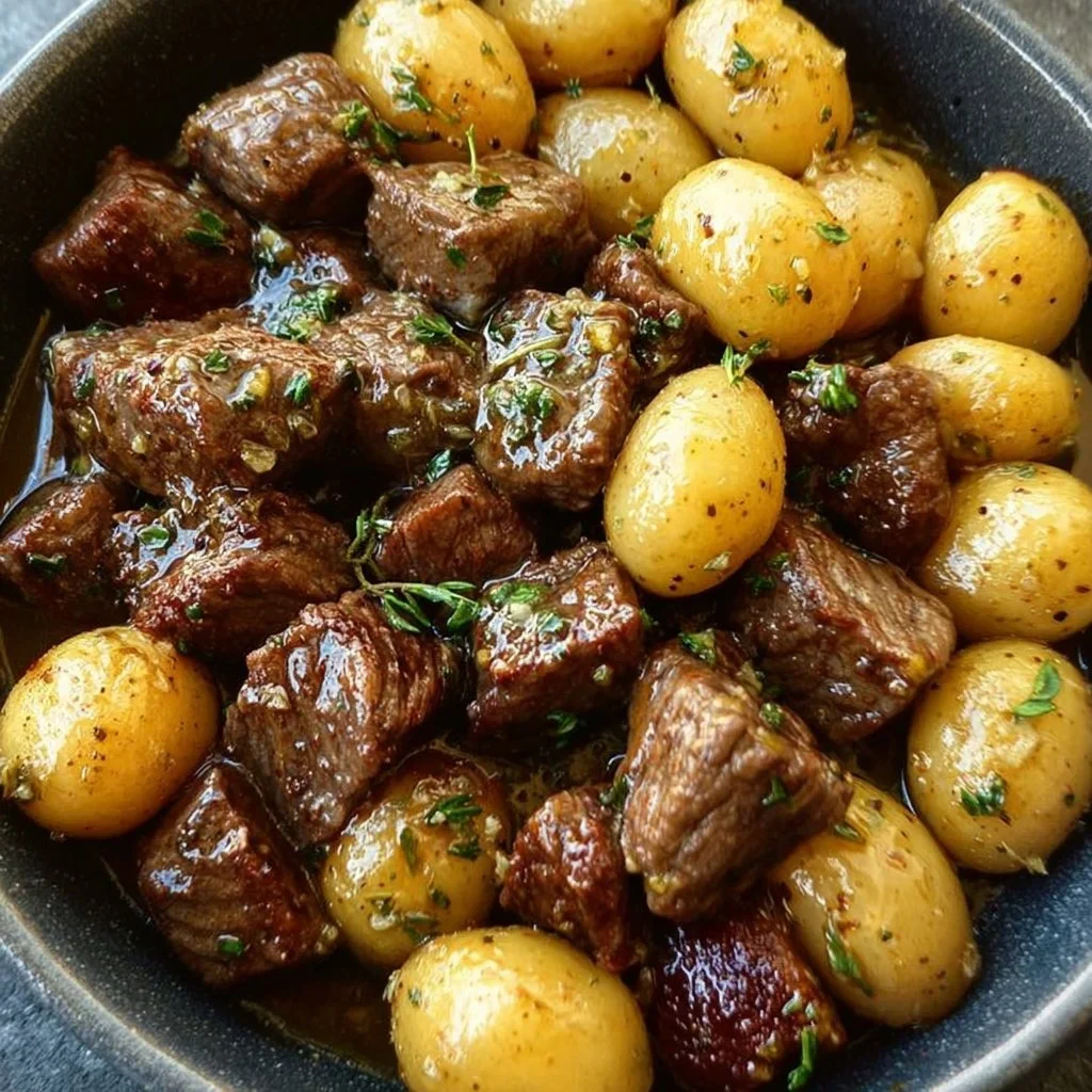 Garlic Butter Beef Bites served with flavorful potatoes