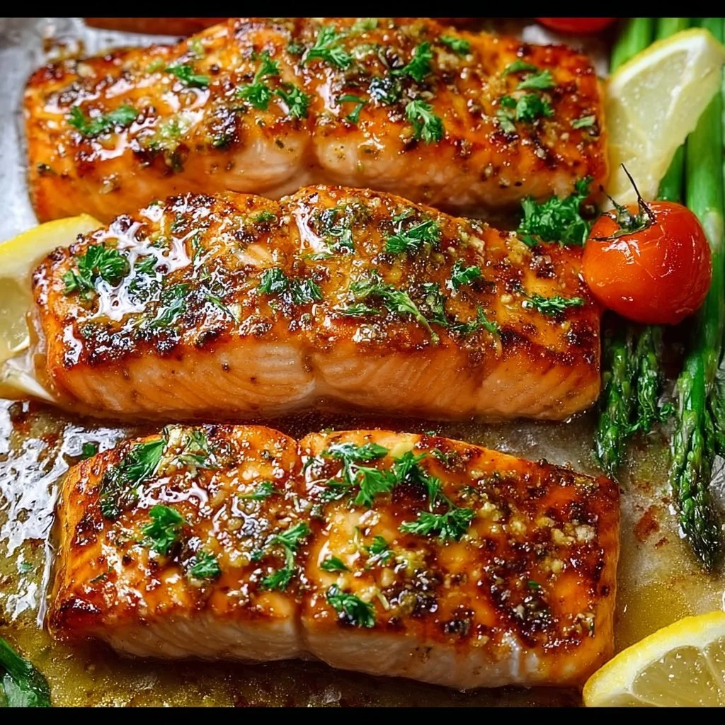 Delicious garlic butter honey baked salmon served with fresh herbs.