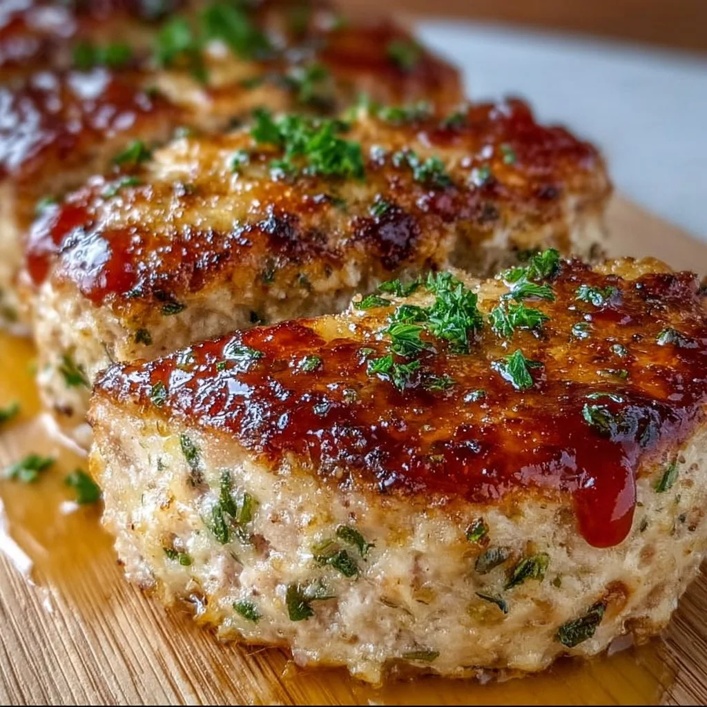 Delicious Garlic Parmesan Chicken Meatloaf served on a plate with herbs