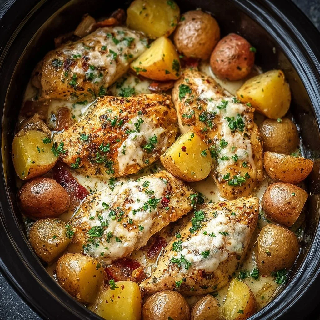 Delicious Garlic Parmesan Chicken and Potatoes cooked in a crockpot