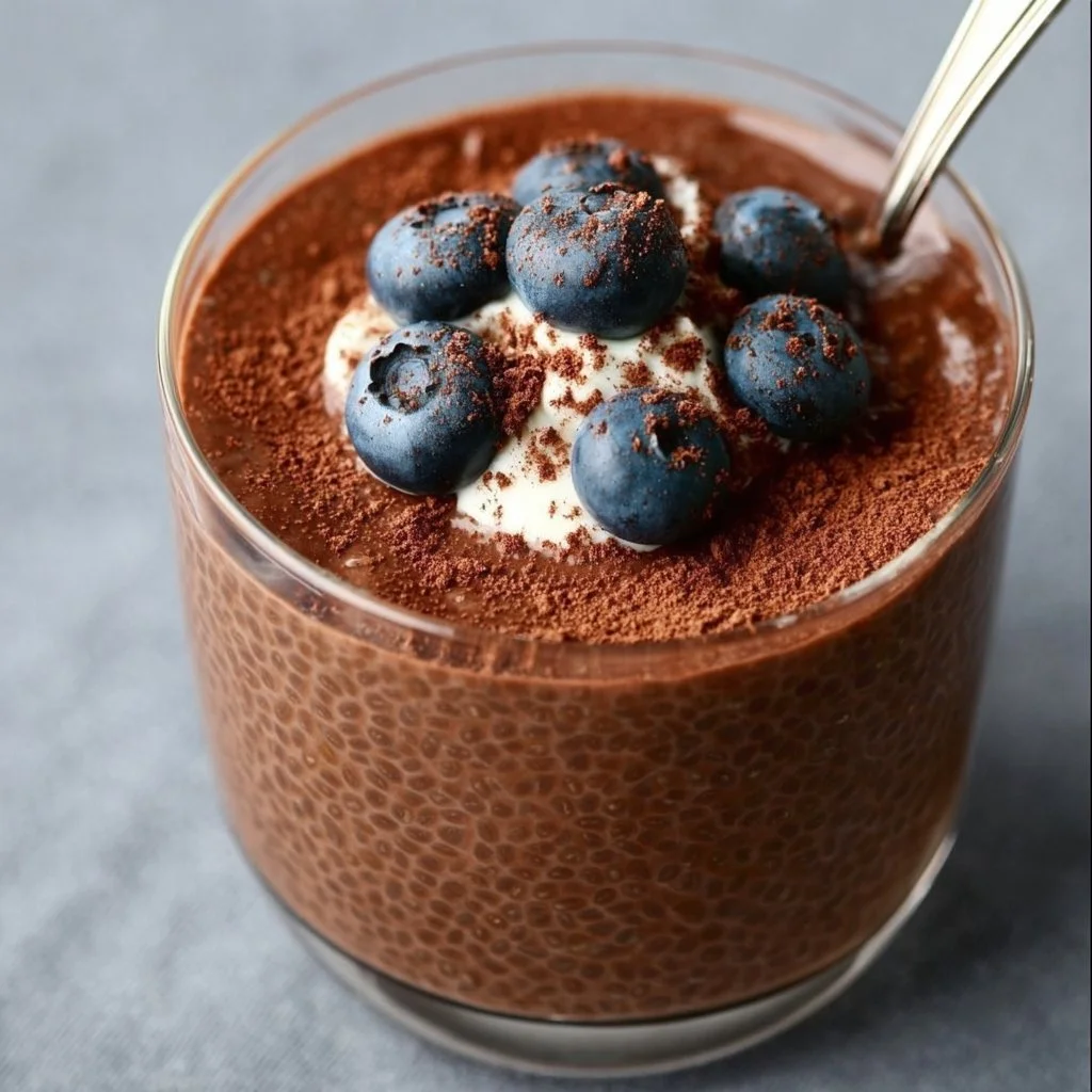 High Protein Chocolate Chia Seed Pudding in a bowl with chia seeds and chocolate garnish