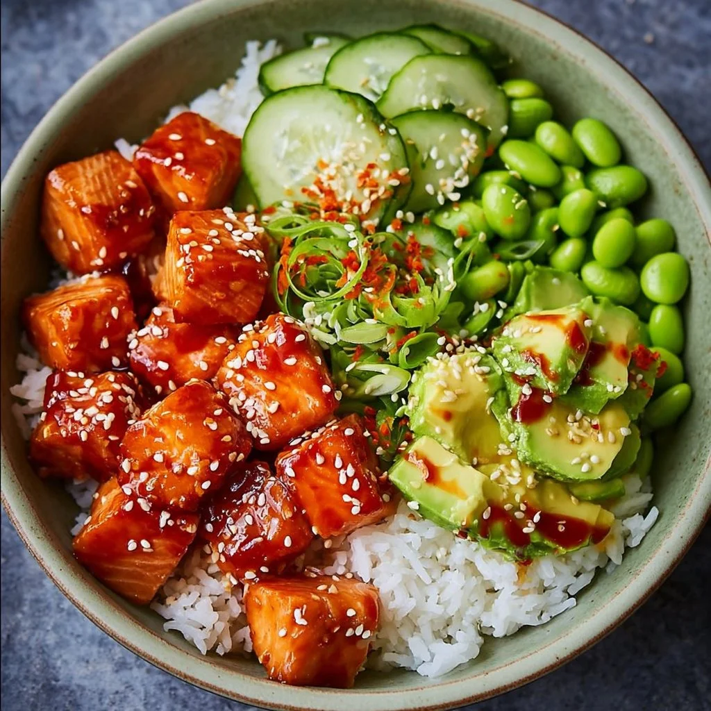 Honey Sriracha Salmon bowls topped with fresh vegetables and spices