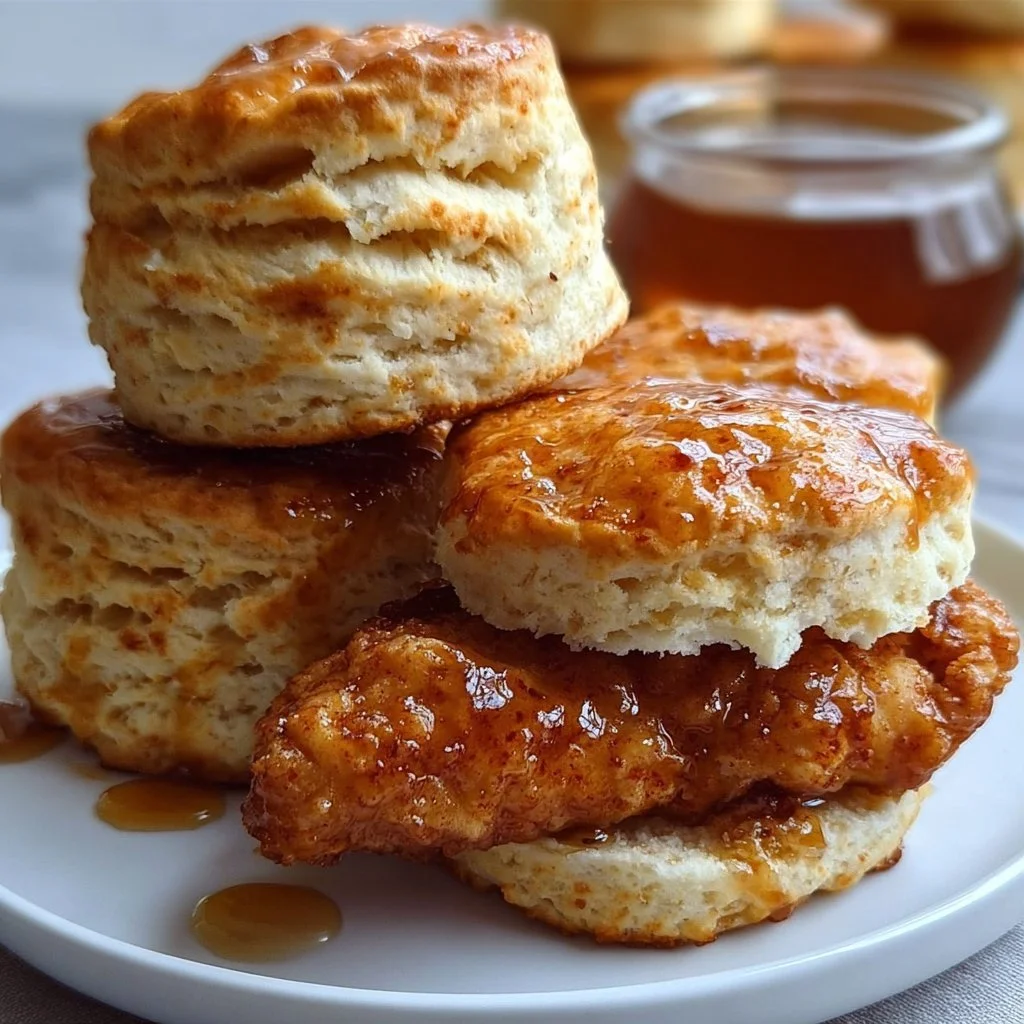 Hot Honey Chicken Biscuits served on a plate with a drizzle of honey.