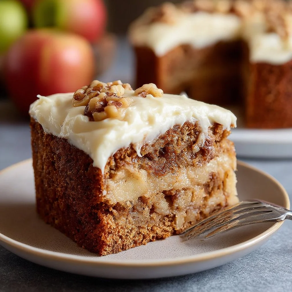 Fresh apple cake with cream cheese frosting on a rustic table