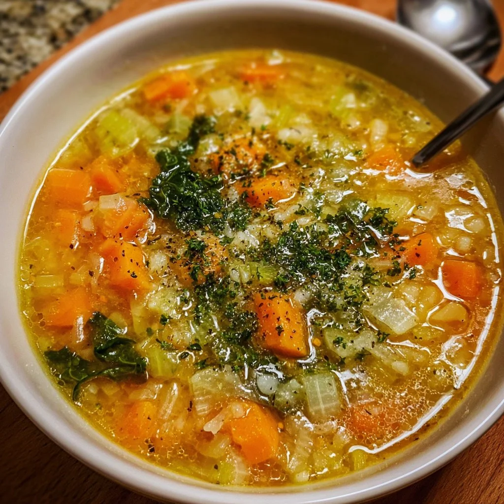A bowl of Italian Penicillin Soup garnished with herbs and spices.
