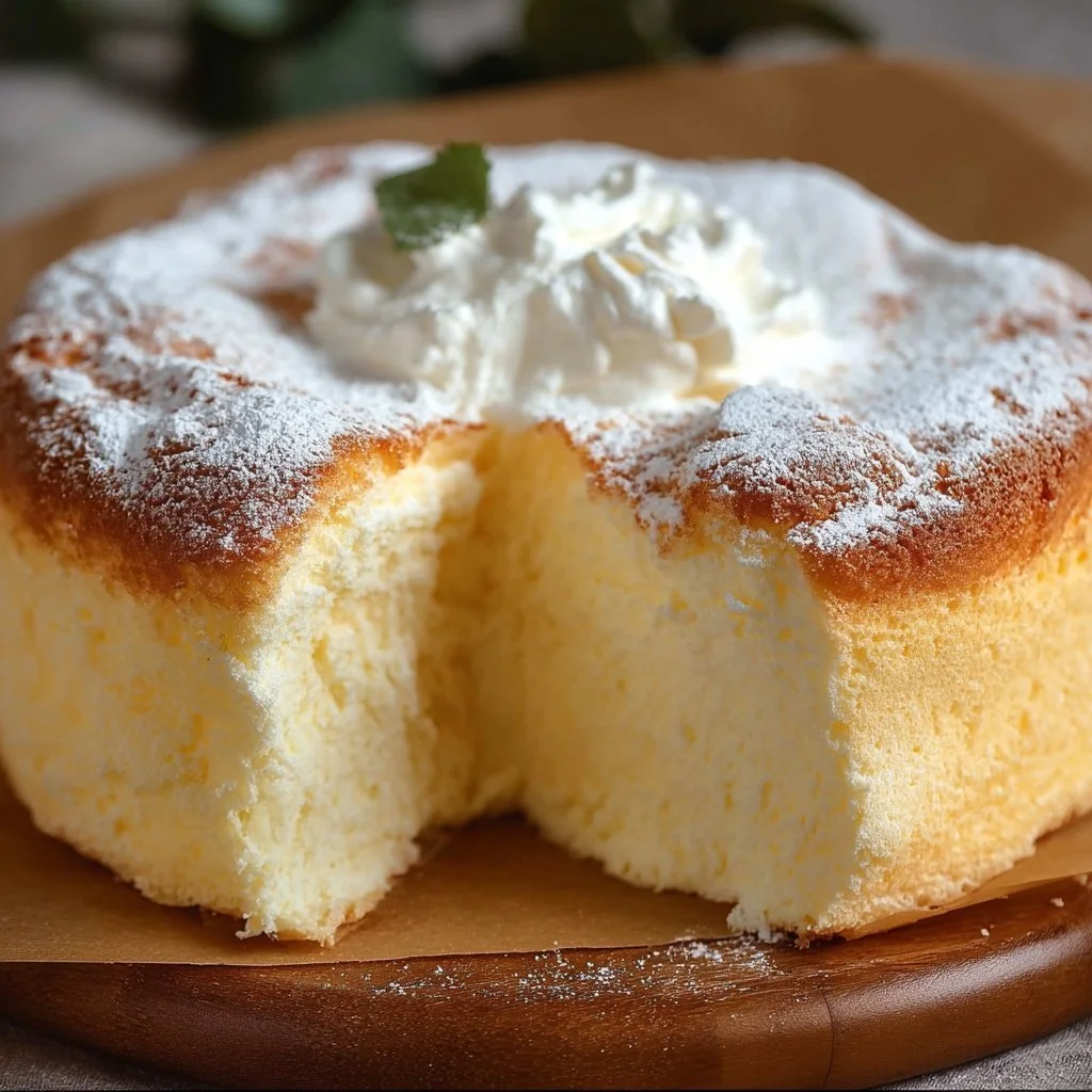 Light and fluffy yogurt cloud cake topped with fresh fruit and whipped cream