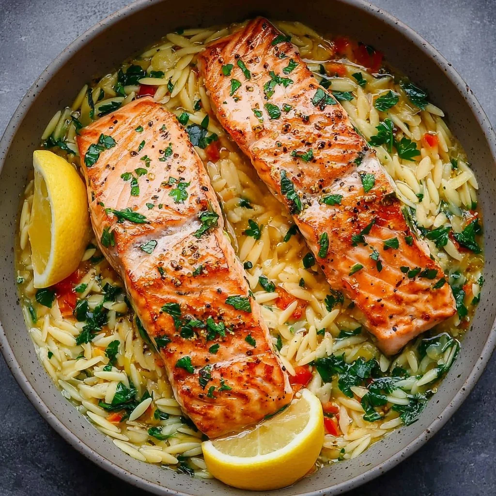 Plate of Mediterranean Salmon served with lemon orzo and fresh herbs