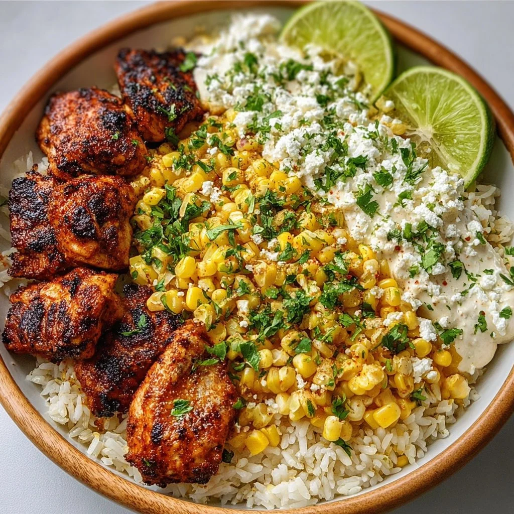 Delicious Mexican Street Corn Chicken Rice Bowl with vibrant toppings