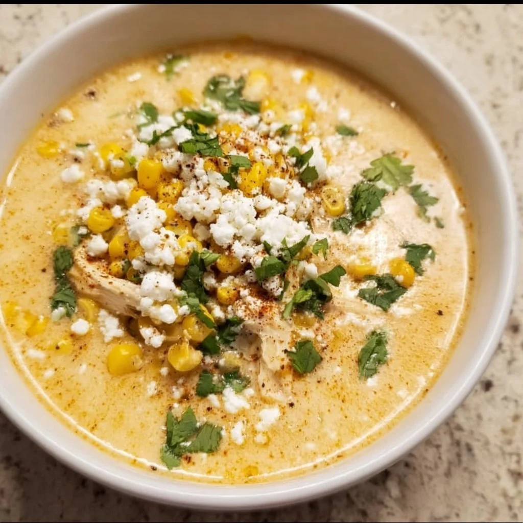 Creamy Mexican street corn soup topped with cilantro and cheese