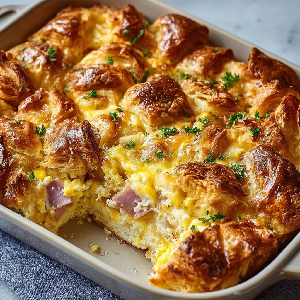 Delicious overnight croissant breakfast casserole topped with syrup and berries
