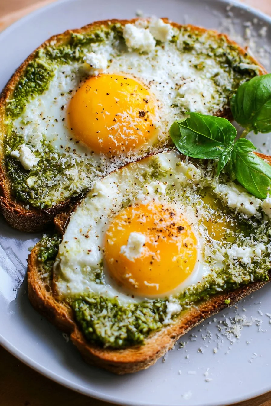 Delicious Pesto Eggs on Toast served on a plate with fresh herbs