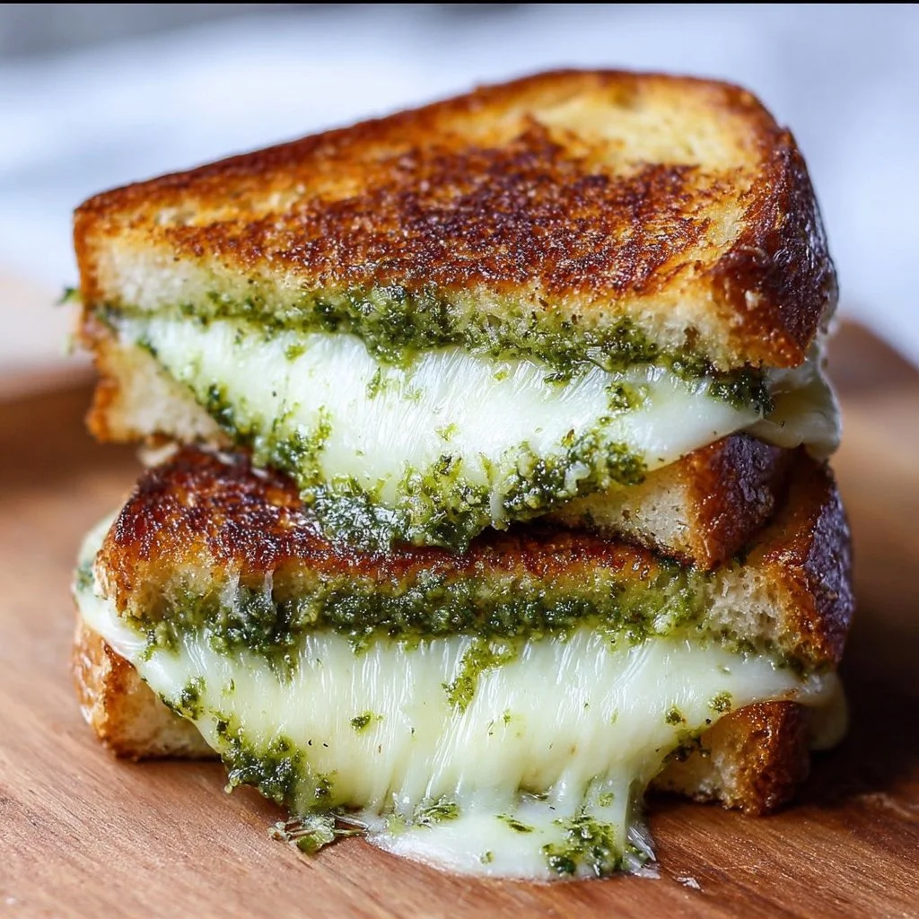 Pesto grilled cheese sandwich with melted cheese and fresh basil