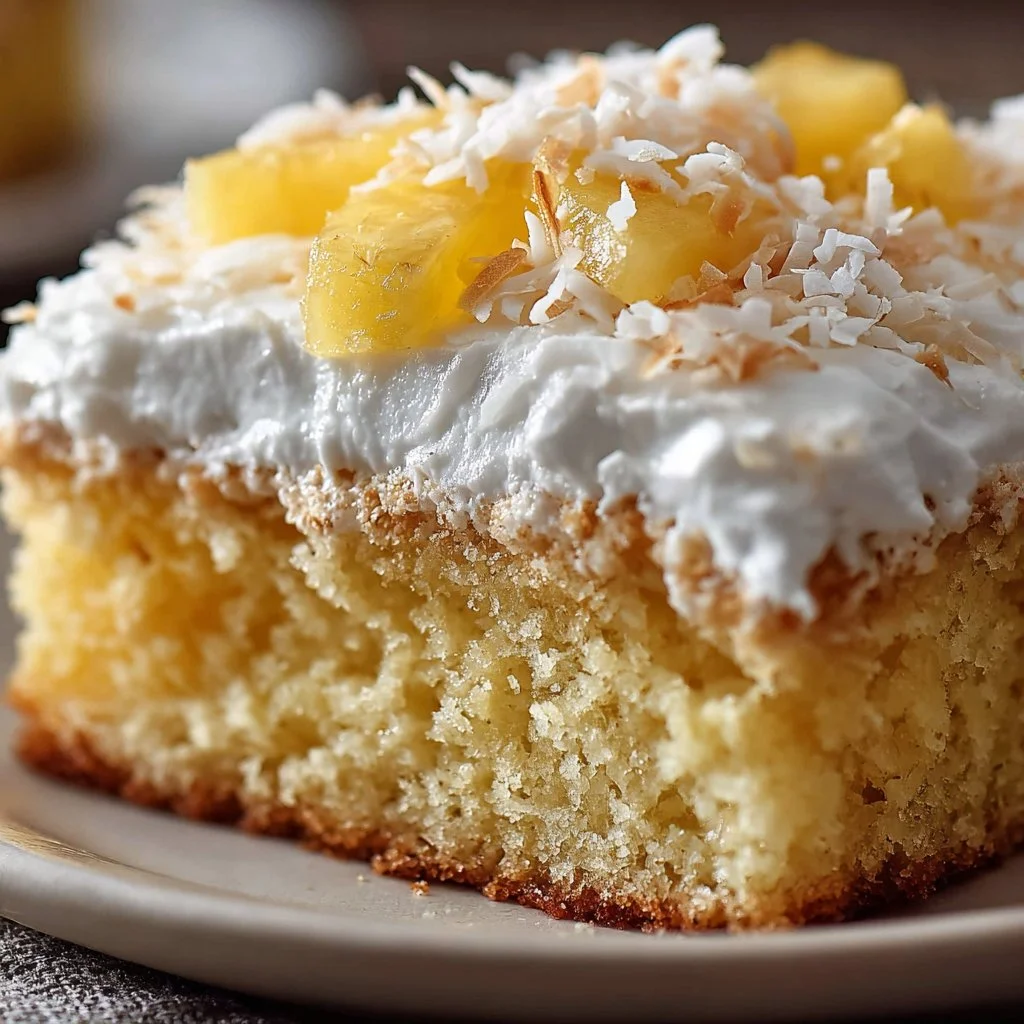 Pineapple Coconut Dream Cake topped with creamy frosting and tropical fruit garnishes