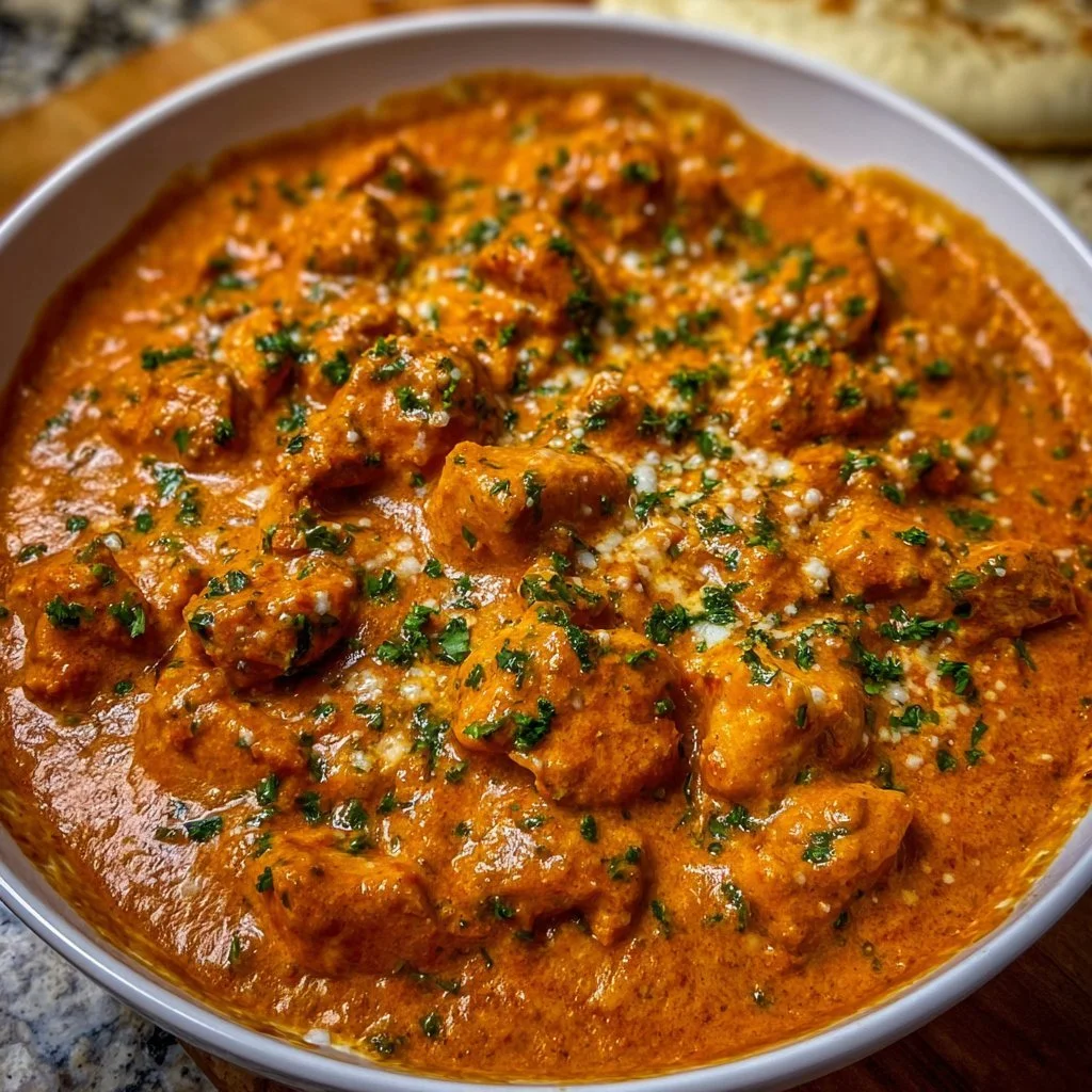 Delicious homemade butter chicken served with rice and herbs