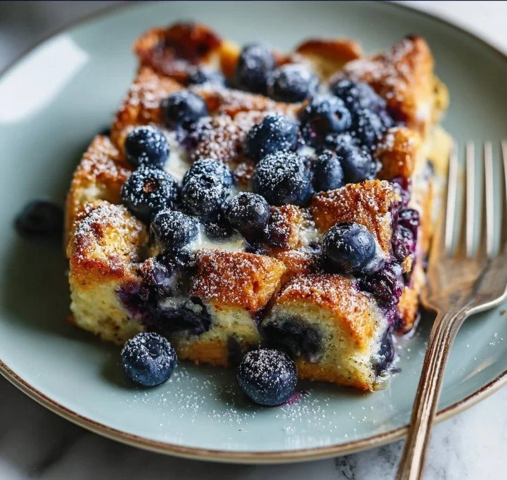 Quick blueberry French toast casserole baked to perfection with fresh blueberries