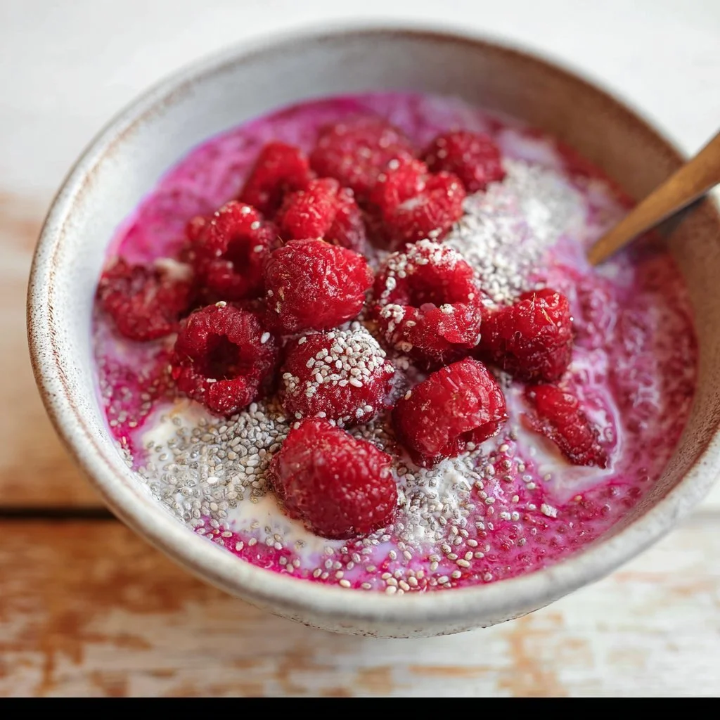 Delicious bowl of raspberry chia pudding topped with fresh raspberries