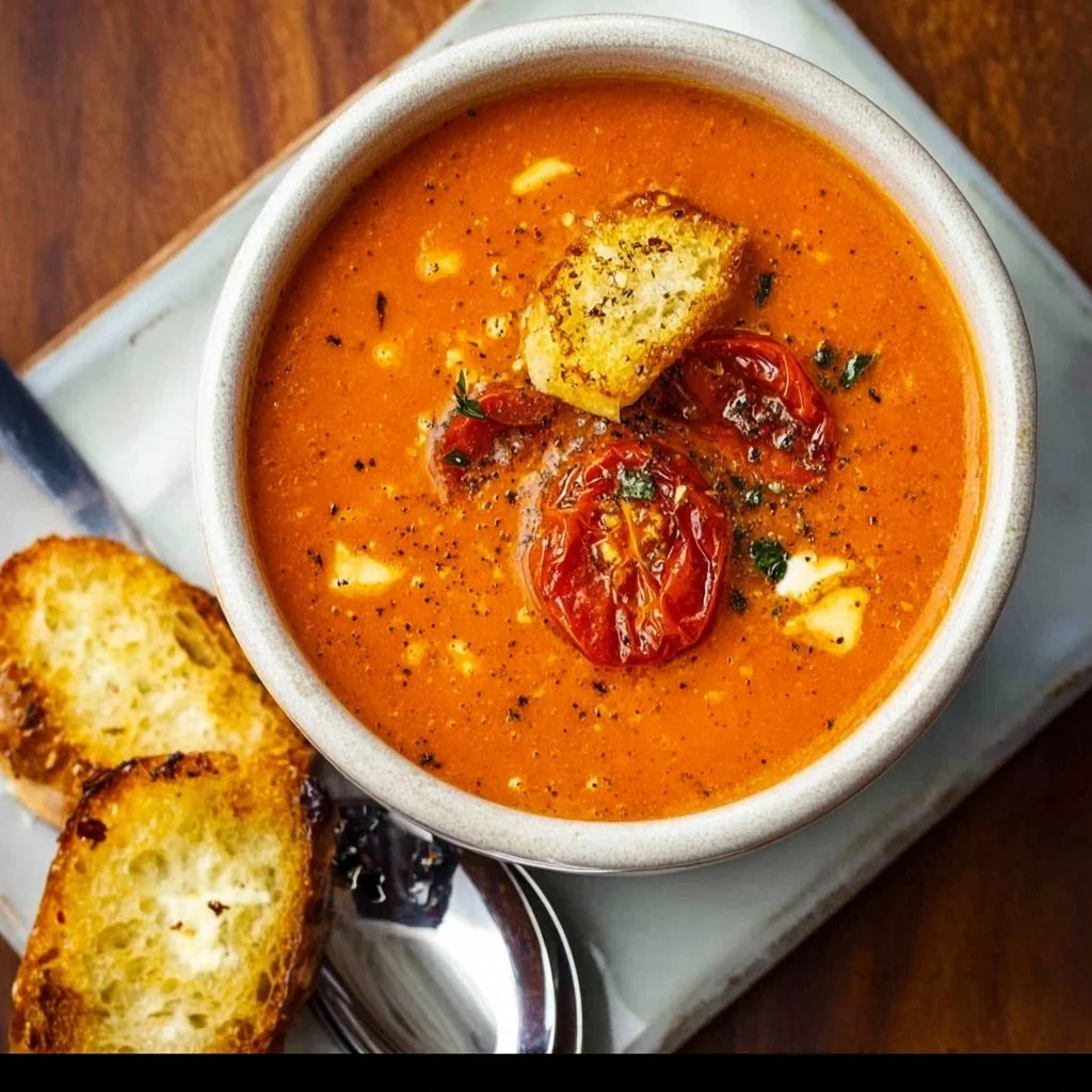 Delicious bowl of roasted tomato basil soup garnished with fresh basil leaves.