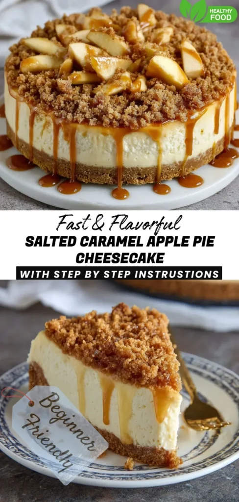Slice of salted caramel apple pie cheesecake topped with caramel drizzle and apple slices