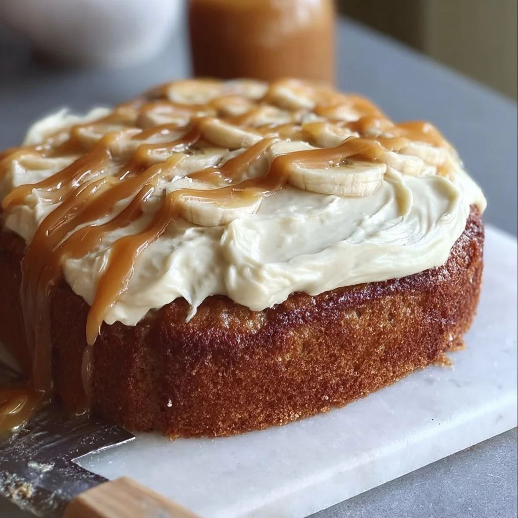 Delicious gluten-free salted caramel banana cake topped with a caramel drizzle.