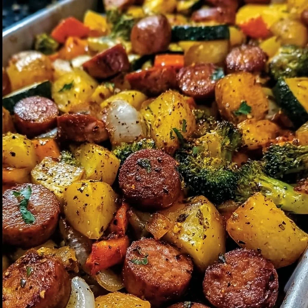 Delicious sheet pan sausage with colorful roasted veggies ready to serve.