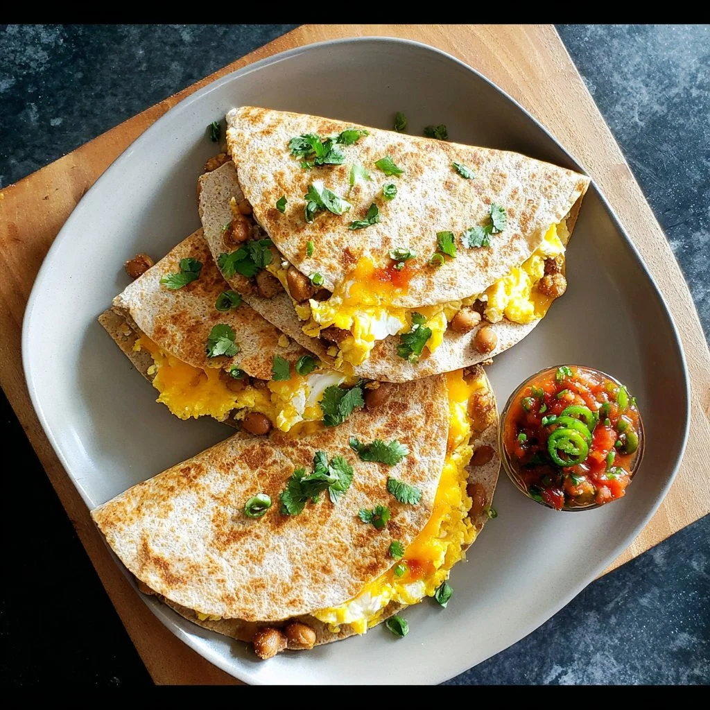 Delicious simple breakfast quesadillas served on a plate