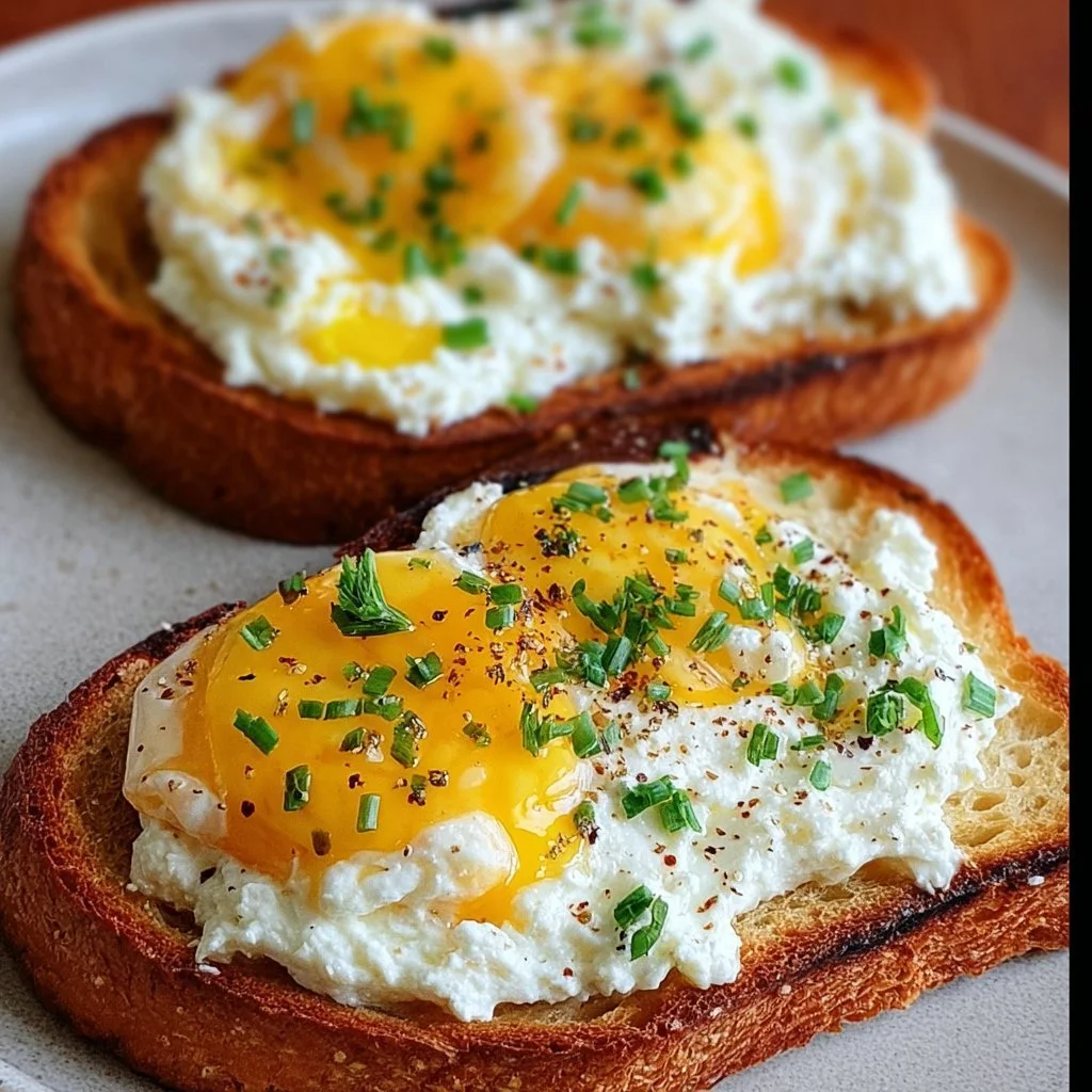 Delicious egg ricotta toast topped with fresh herbs