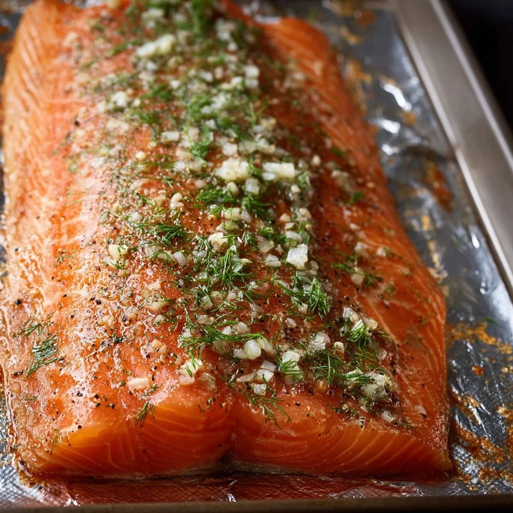 Delicious smoked salmon served on a platter with fresh herbs and lemon.